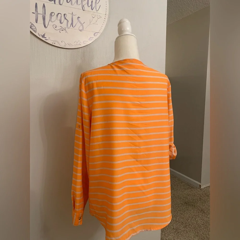 Calvin Klein Orange and Gray Striped V-Neck Top - Picture 6 of 7